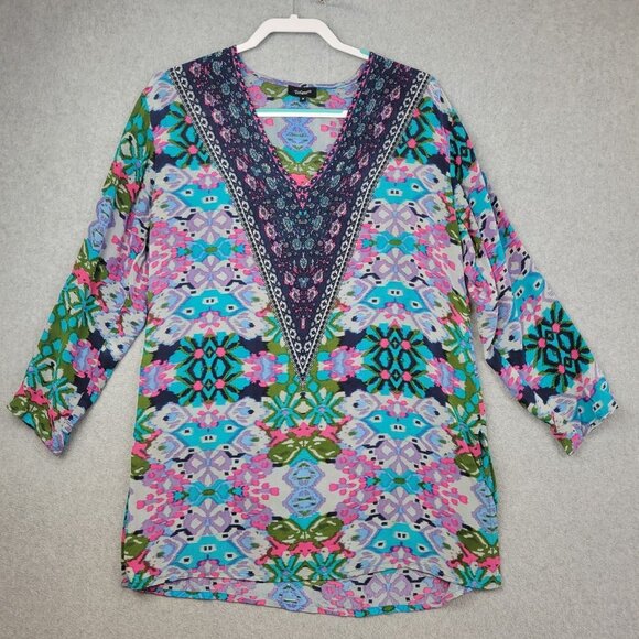 Tolani Womens 100% Silk V Neck 3/4 Sleeves Tunic Top Size Small Boho Artsy - Picture 1 of 10